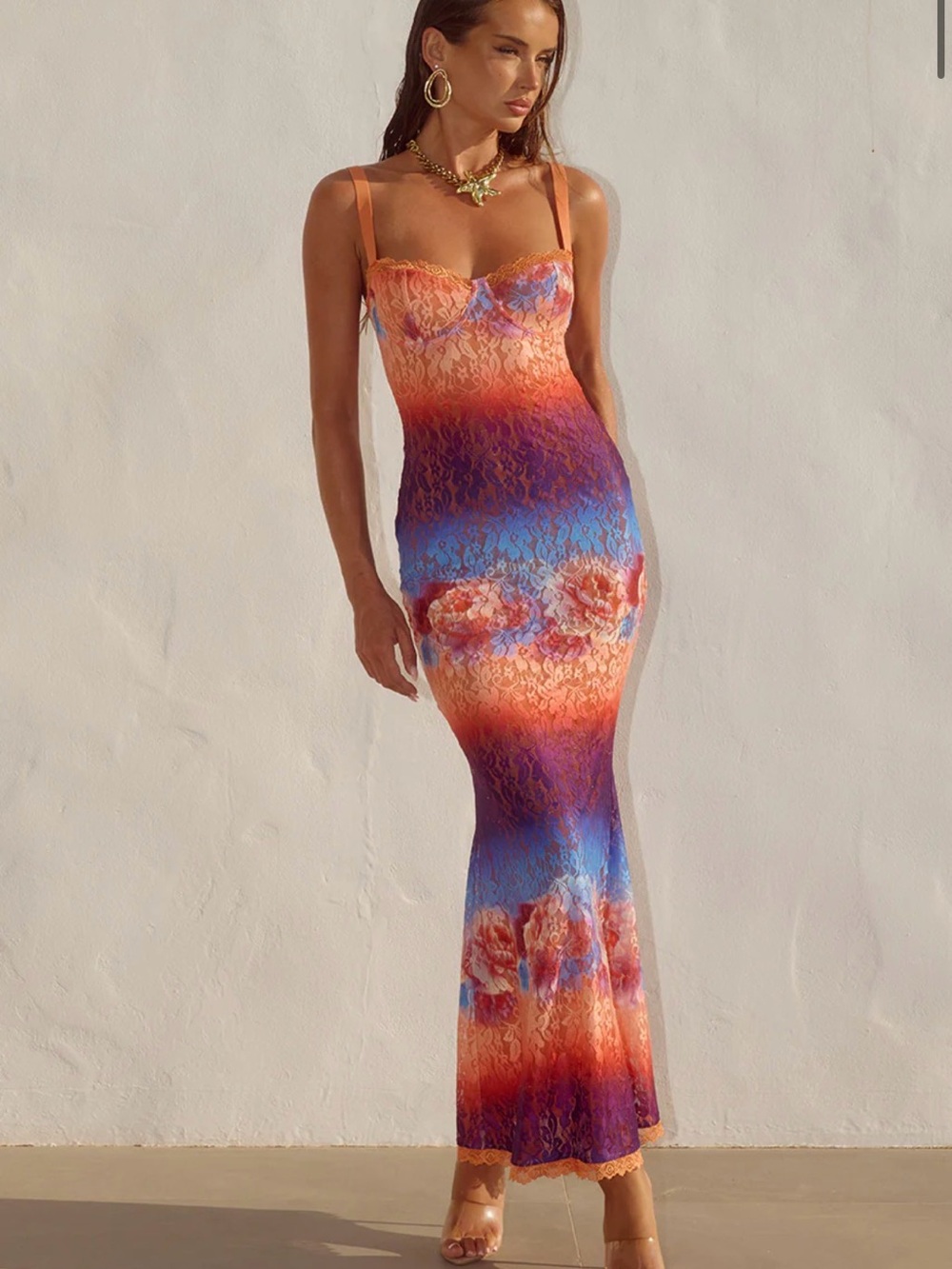 Ombre Lace Maxi Dress in Orange, Purple & Blue